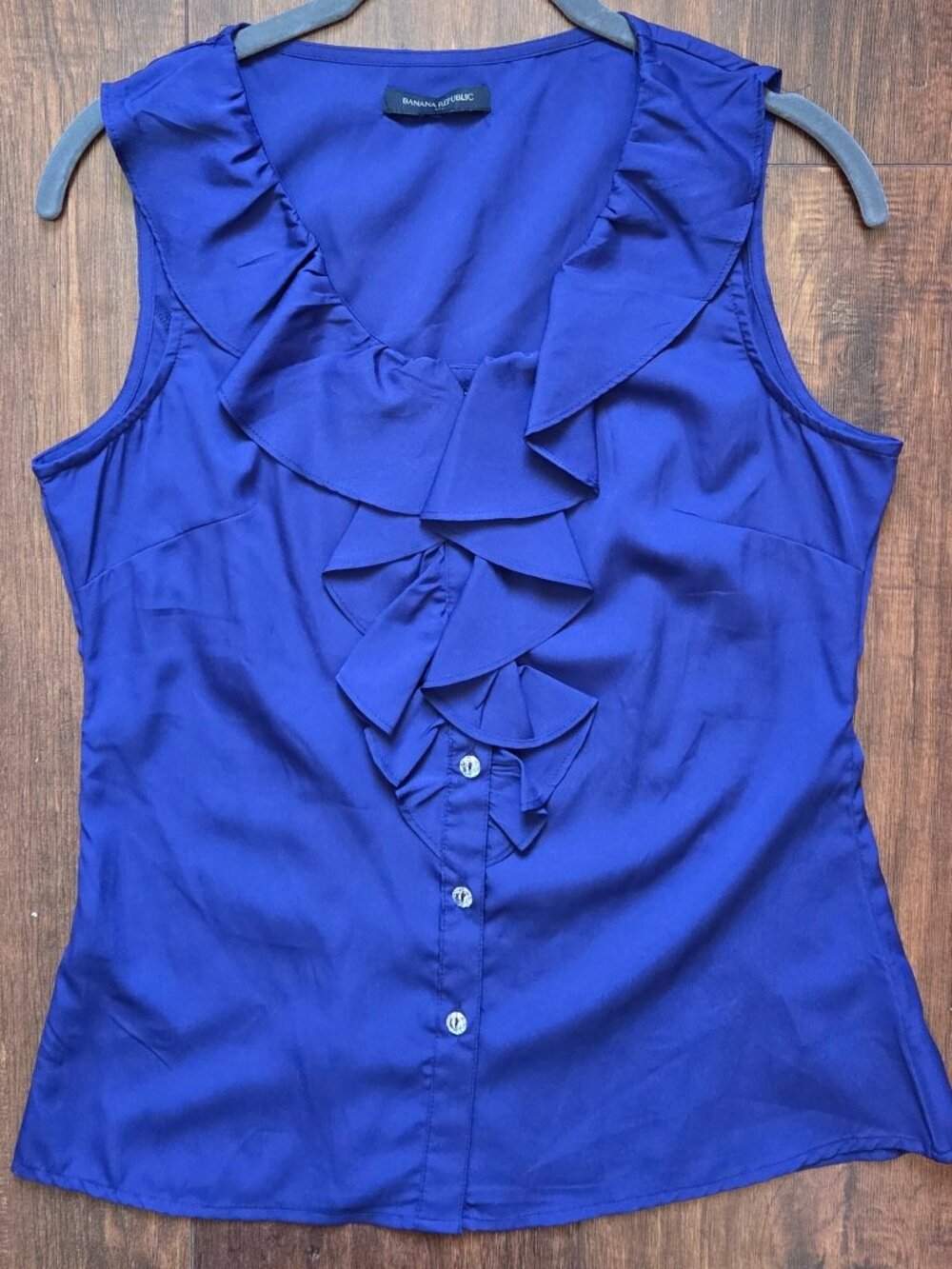 Banana Republic: Royal Blue Sleeveless Blouse with ruffled front, Small